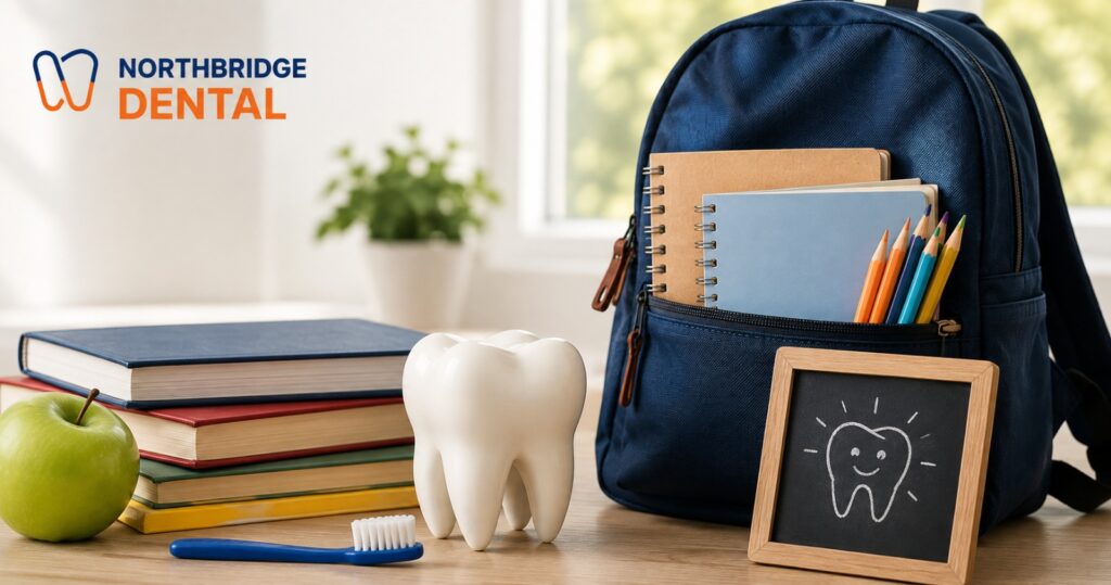 Back-to-School Dental Checklist with backpack, school supplies, healthy tooth, toothbrush and apple for Northbridge Dental in Waterloo, Ontario.