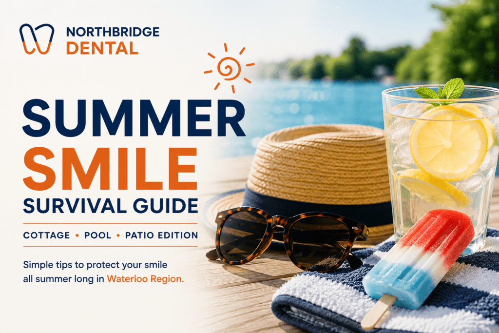 Woman enjoying a summer day by the pool with a healthy smile, representing the Summer Smile Survival Guide by Northbridge Dental in Waterloo with seasonal dental care tips.