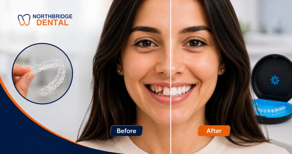 Invisalign in Waterloo showing a before and after smile transformation with clear aligners